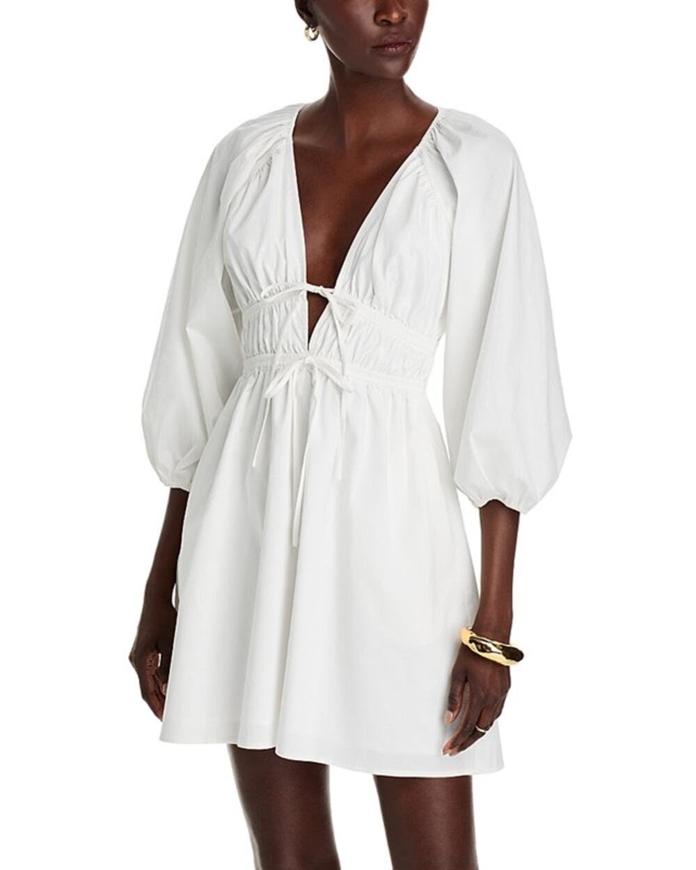 Wayf Leighton Poplin 3/4 Sleeve V-Neck Casual Mini Dress White XS